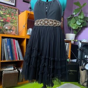 Black Tiered Tulle Cocktail Dress with Embellished Waist